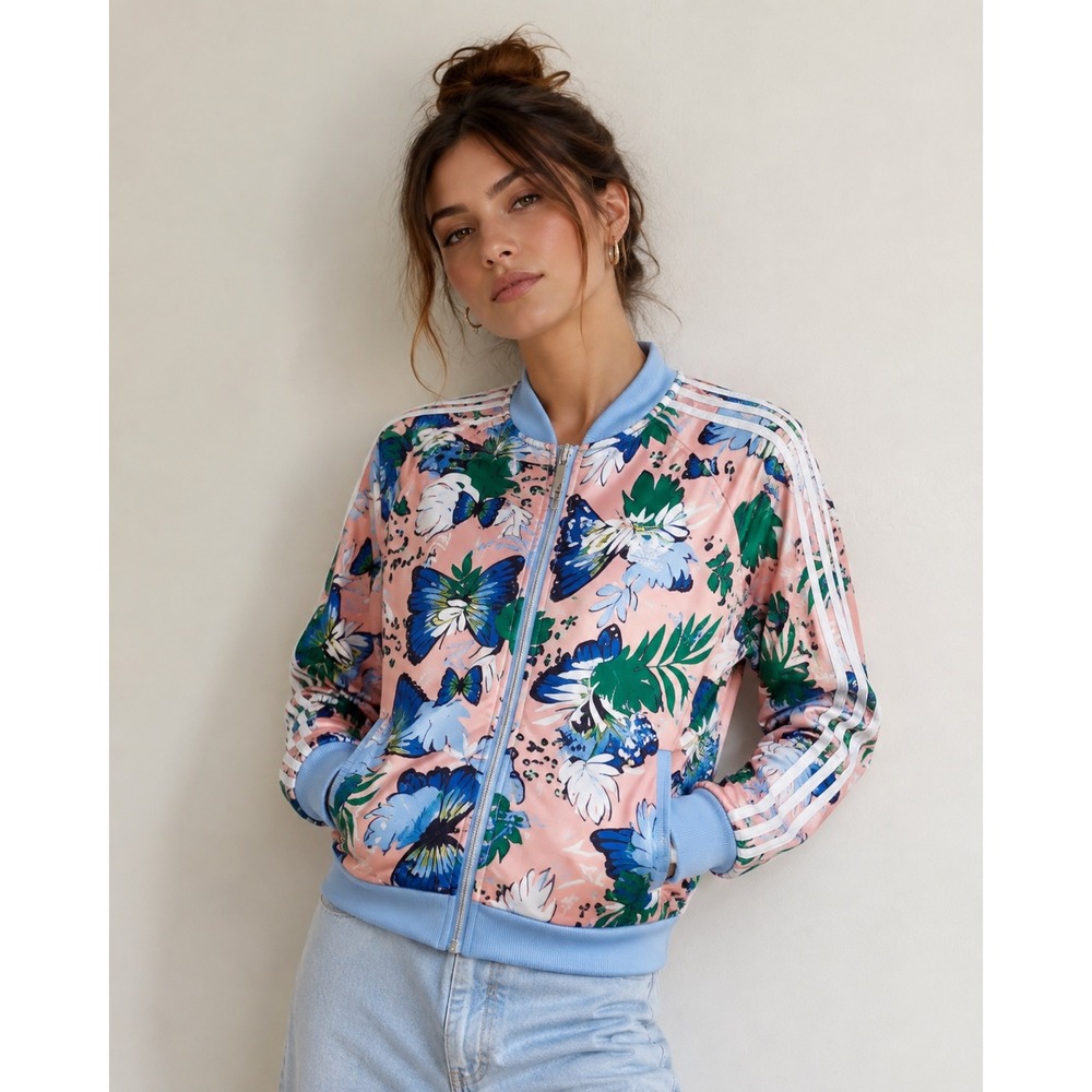 Adidas HER Studio London Butterfly Floral Track Jacket Pink Blue Women s